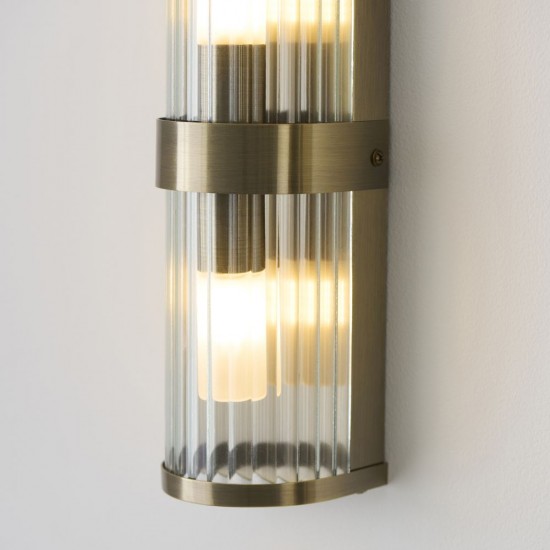82960-001 Antique Brass 2 Light Wall Lamp with Ribbed Glass & Diffuser IP44