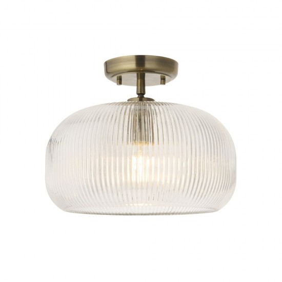 82967-001 Antique Brass Semi Flush with Clear Ribbed Glass