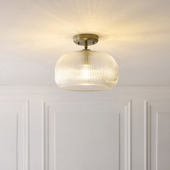 82967-001 Antique Brass Semi Flush with Clear Ribbed Glass