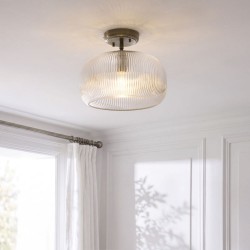82967-001 Antique Brass Semi Flush with Clear Ribbed Glass