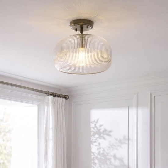 82967-001 Antique Brass Semi Flush with Clear Ribbed Glass