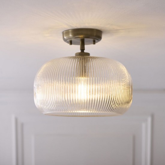 82967-001 Antique Brass Semi Flush with Clear Ribbed Glass