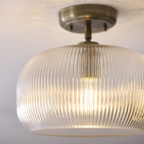 82967-001 Antique Brass Semi Flush with Clear Ribbed Glass