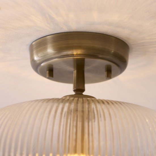 82967-001 Antique Brass Semi Flush with Clear Ribbed Glass