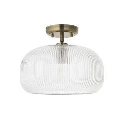 82967-001 Antique Brass Semi Flush with Clear Ribbed Glass