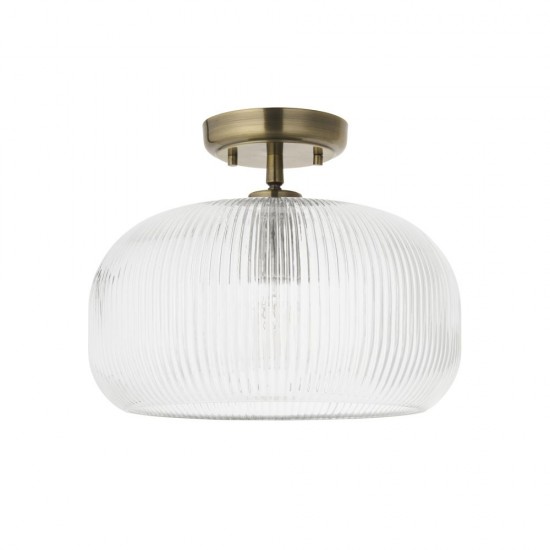 82967-001 Antique Brass Semi Flush with Clear Ribbed Glass