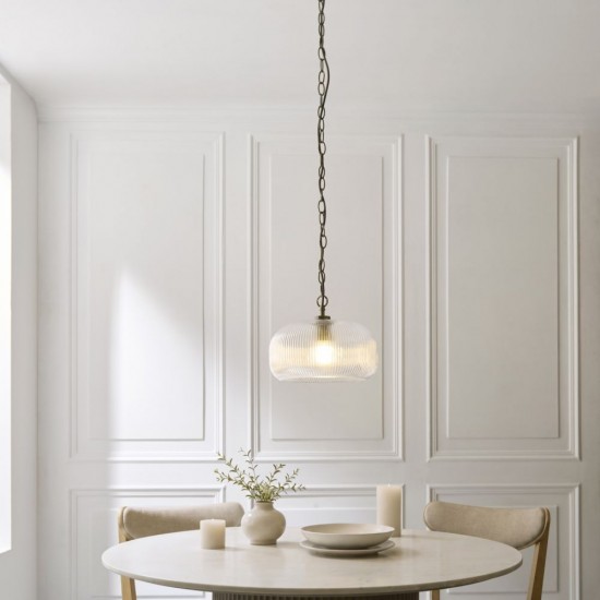 82968-001 Antique Brass Pendant with Clear Ribbed Glass