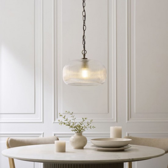 82968-001 Antique Brass Pendant with Clear Ribbed Glass