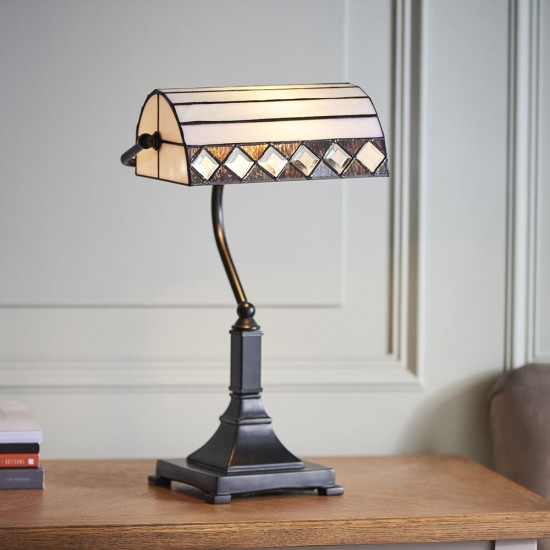 51246-001 Tiffany Glass & Dark Bronze Bankers Table Lamp