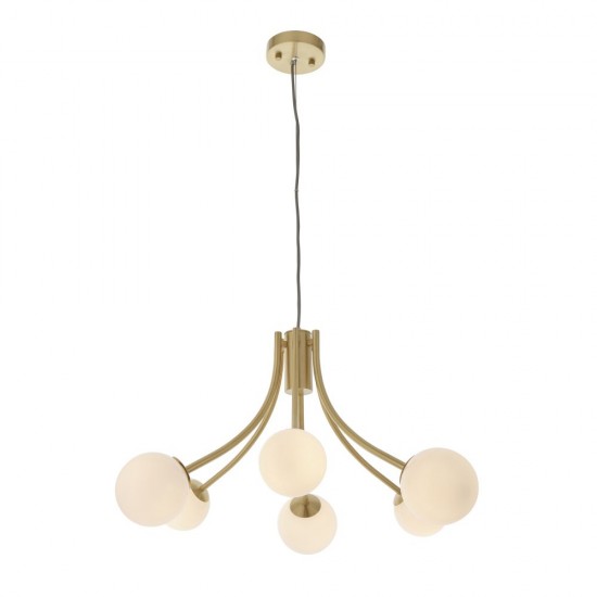 62093-001 Satin Brass 6 Light Pendant with White Glasses