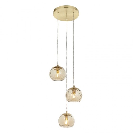 64701-001 Brushed Brass 3 Light Cluster Pendant with Amber Glasses