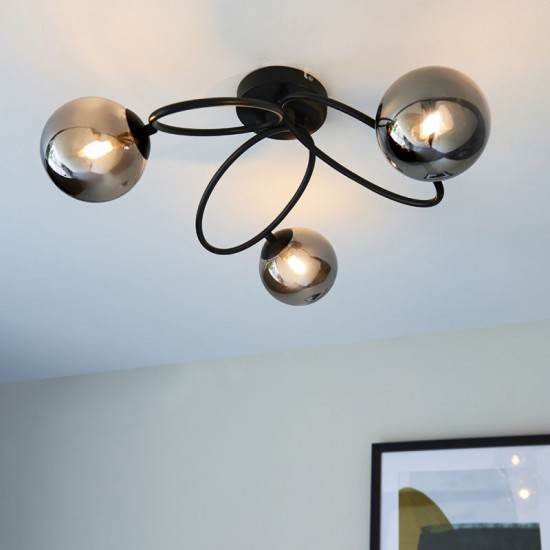 64722-001 Satin Black 3 Light Ceiling Lamp with Smoky Glasses