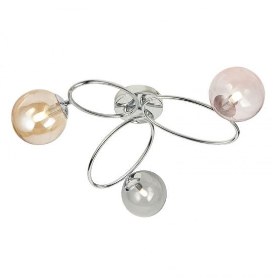 64723-001 Chrome 3 Light Ceiling Lamp with Pink, Amber and Smoky Glass