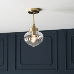 64811-001 Antique Brass Ceiling Lamp with Clear Ribbed Glass