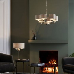 66207-001 Brushed Chrome 6 Light Pendant with Natural Linen Shades 