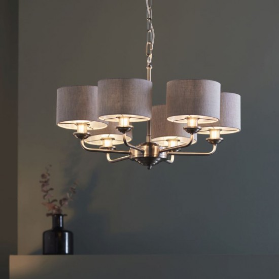 66207-001 Brushed Chrome 6 Light Pendant with Natural Linen Shade