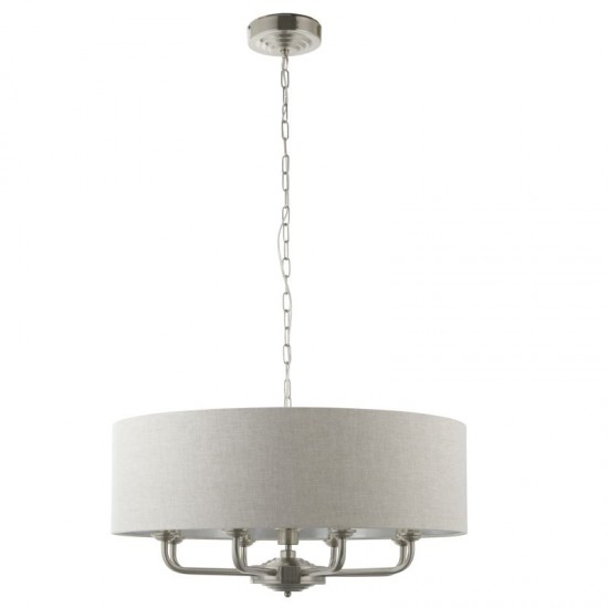 66208-001 Brushed Chrome 8 Light Pendant with Natural Linen Shade