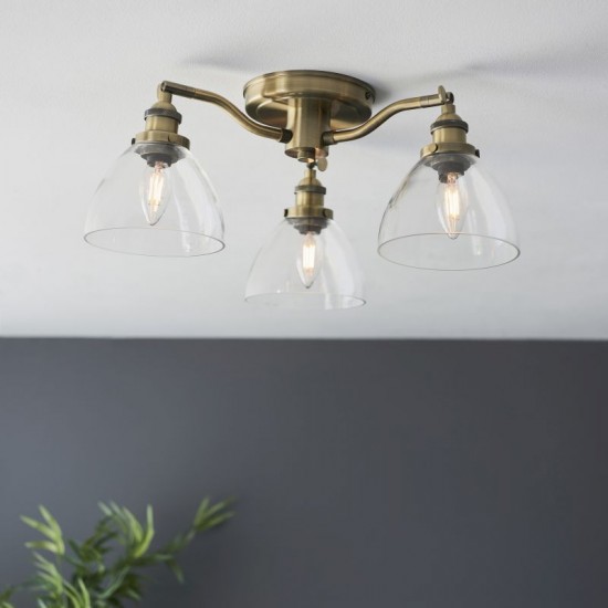 67261-001 Antique Brass 3 Light Semi Flush with Clear Glasses