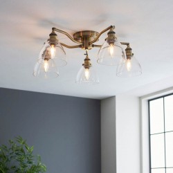 67262-001 Antique Brass 5 Light Semi Flush with Clear Glasses