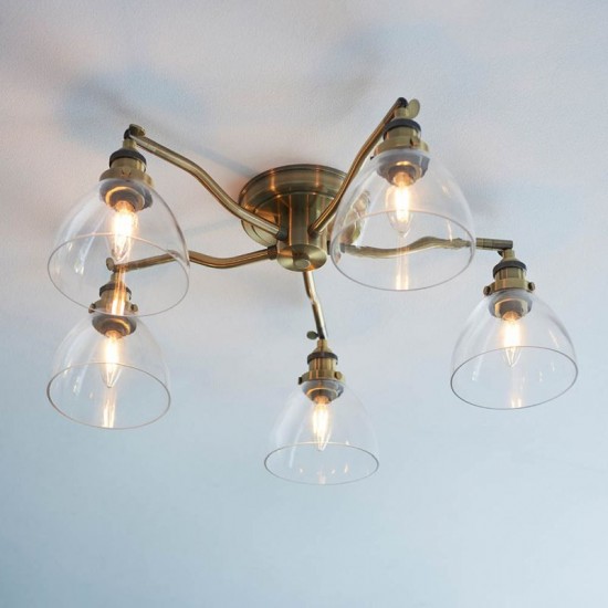 67262-001 Antique Brass 5 Light Semi Flush with Clear Glasses