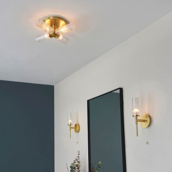 67268-001 Bathroom Satin Gold 4 Light Semi Flush with Ribbed Glasses 67268-001 Bathroom Satin Gold 4 Light Semi Flush with Ribbed Glasses