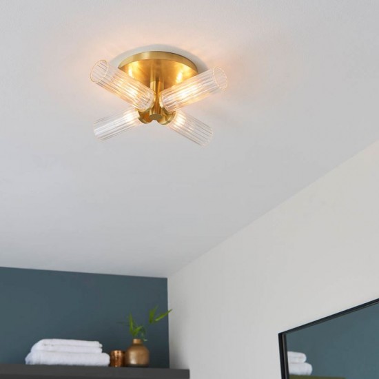 67268-001 Bathroom Satin Gold 4 Light Semi Flush with Ribbed Glasses 67268-001 Bathroom Satin Gold 4 Light Semi Flush with Ribbed Glasses