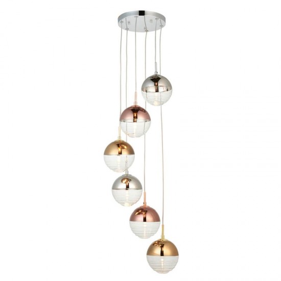 67272-001 Chrome, Copper, Gold and Clear Glass 6 Light Cluster