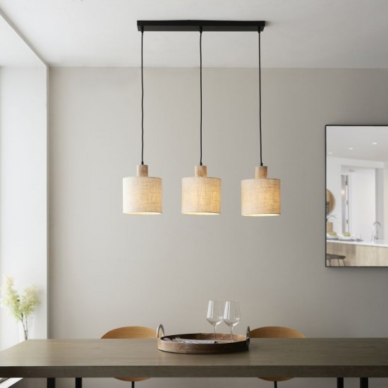 67325-001 Black & Wooden 3 Light over Island Fitting with Natural Linen Shades