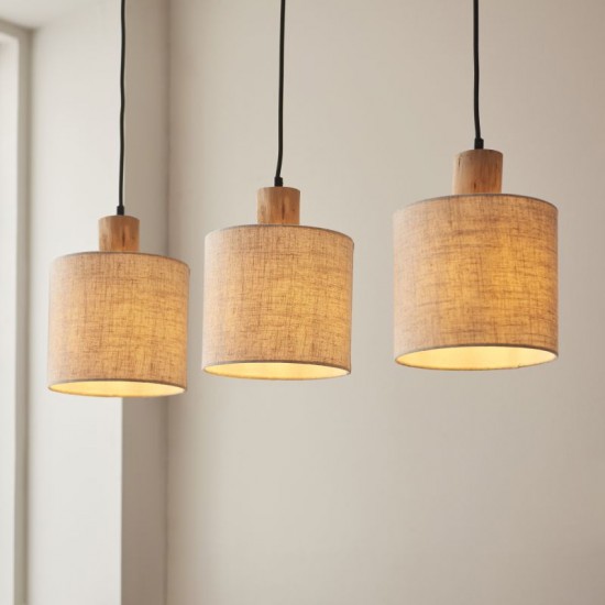 67325-001 Black & Wooden 3 Light over Island Fitting with Natural Linen Shades