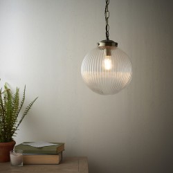7443-001 Antique Brass Pendant with Clear Ribbed Glass