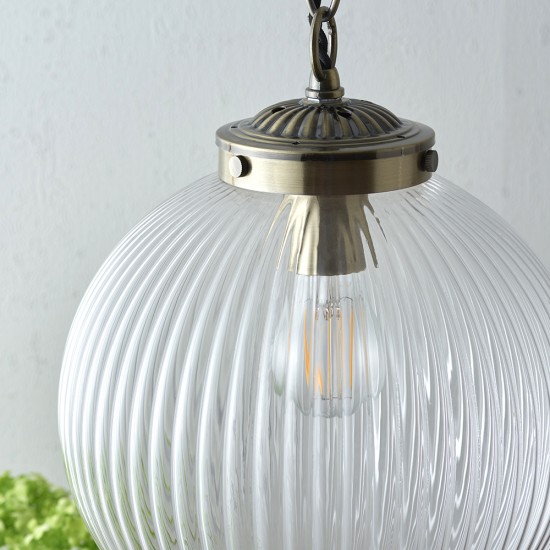 7443-001 Antique Brass Pendant with Clear Ribbed Glass