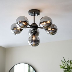 71609-001 Black Chrome 6 Light Semi Flush with Smoked Mirror