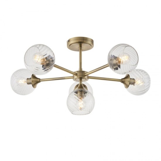 71616-001 Antique Brass 6 Light Semi Flush with Clear Spiral Glasses