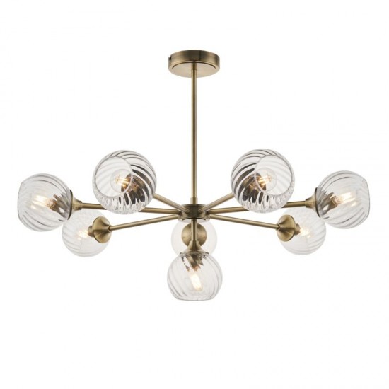 71617-001 Antique Brass 8 Light Centre Fitting with Clear Spiral Glasses