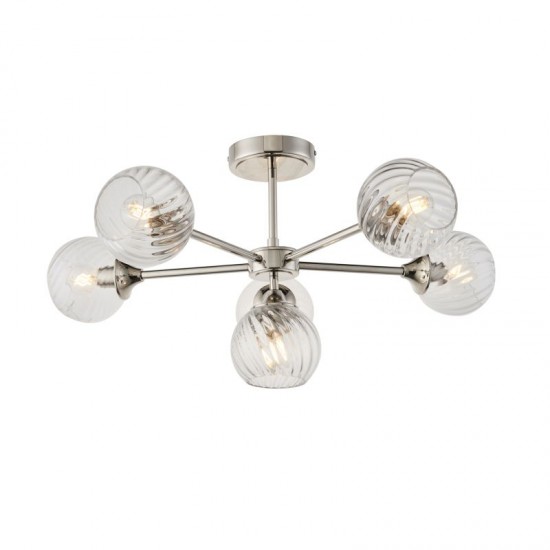 71629-001 Bright Nickel 6 Light Semi Flush with Clear Spiral Glasses