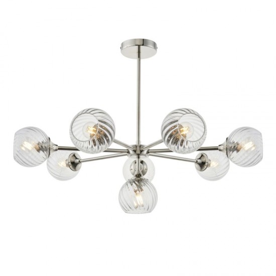 71630-001 Bright Nickel 8 Light Centre Fitting with Clear Spiral Glasses