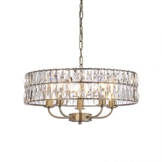 71644-001 Antique Brass 5 Light Pendant with Crystal