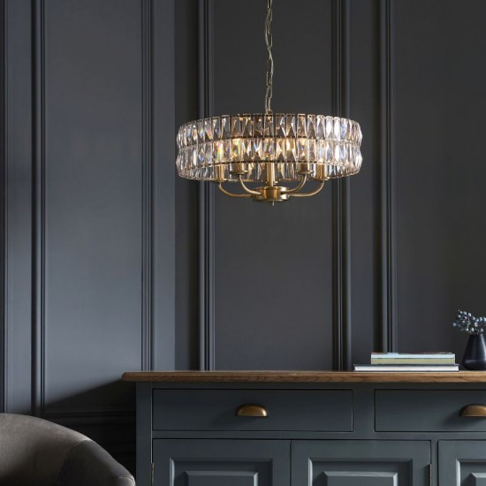 71644-001 Antique Brass 5 Light Pendant with Crystal