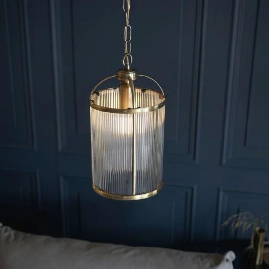 71649-001 Antique Brass Lantern Pendant with Ribbed Glass