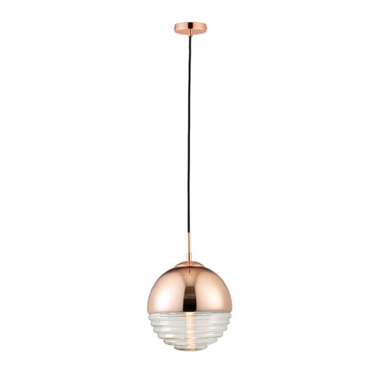 7270-001 Polished Copper Pendant with Clear Ribbed Glass