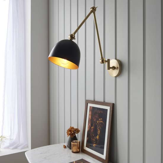 61447-001 Swing Arm Wall Lamp with Black & Antique Brass Finish