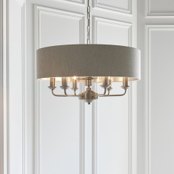61376-001 Brushed Chrome 6 Light Pendant with Natural Linen Shade
