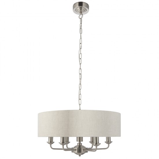 61376-001 Brushed Chrome 6 Light Pendant with Natural Linen Shade