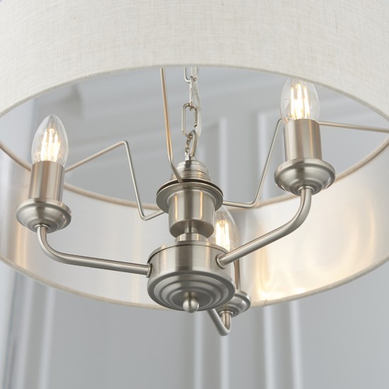 61377-001 Brushed Chrome 3 Light Pendant with Natural Linen Shade