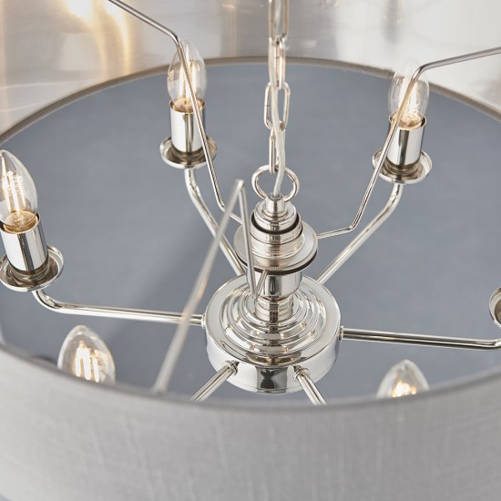 61380-001 Bright Nickel 6 Light Pendant with Charcoal Linen Shade