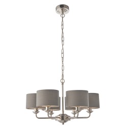 61382-001 Bright Nickel 6 Light Pendant with Charcoal Linen Shades 61382-001 Bright Nickel 6 Light Pendant with Charcoal Linen Shades