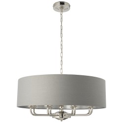 61397-001 Bright Nickel 8 Light Pendant with Charcoal Linen Shade 61397-001 Bright Nickel 8 Light Pendant with Charcoal Linen Shade
