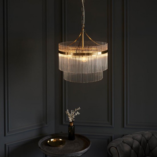 71587-001 Antique Brass 3 Light Centre Fitting with Clear Rods Glass