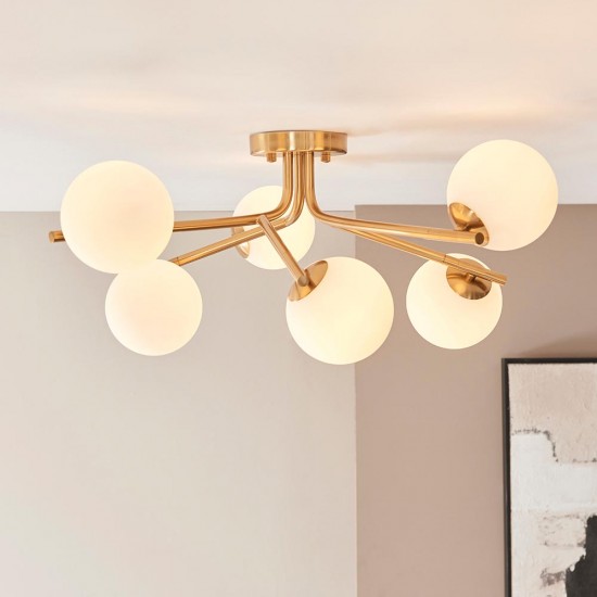 78785-001 Brushed Aged Brass 6 Light Centre Fitting with Matt Opal Glass