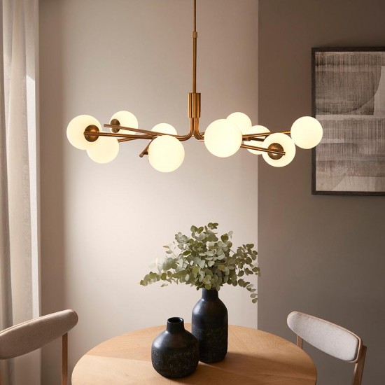 78786-001 Brushed Aged Brass 10 Light Centre Fitting with Matt Opal Glass